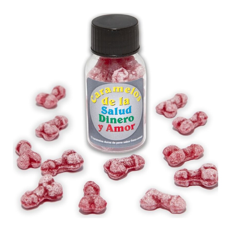 DIABLO PICANTE - 12 CARAMELLE SALUTE-SOLDI-AMORE A FORMA DI PENE FRAGOLA/CILIEGIA